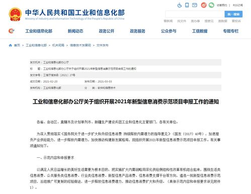 工信部 2021年新型信息消费示范项目申报工作启动